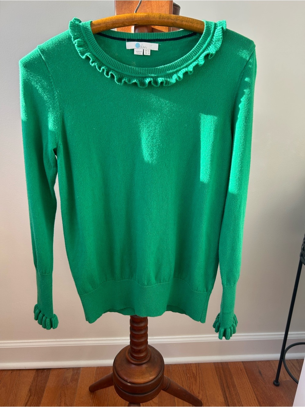 Boden Ruffle Trim Crewneck Sweater - Green Size 6 EUC